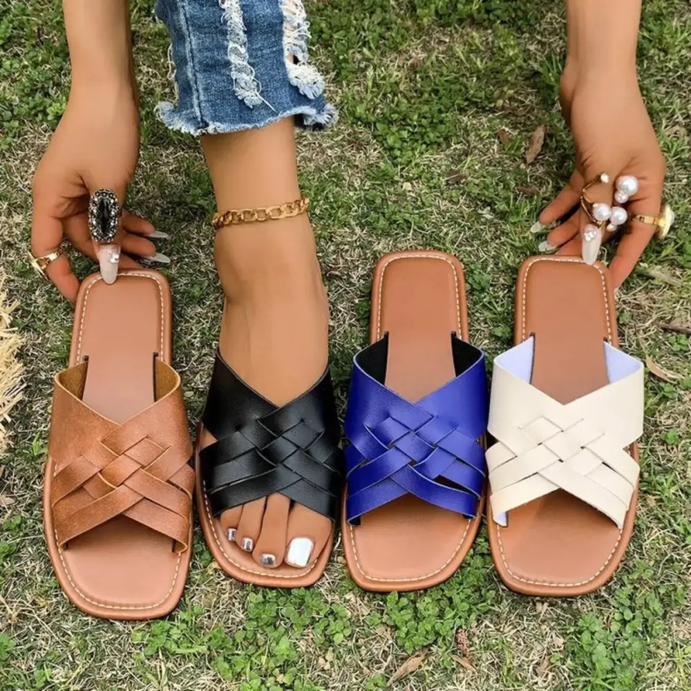 Woven Cross-Strap Flat Sandals