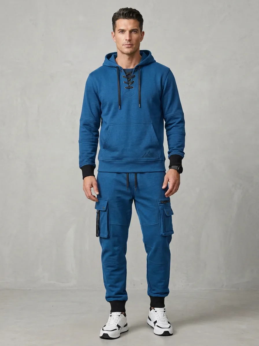 Functional Lace-Up Multi Pocket Active Look Men's Lace Up Hoodie And Cargo Jogger Set