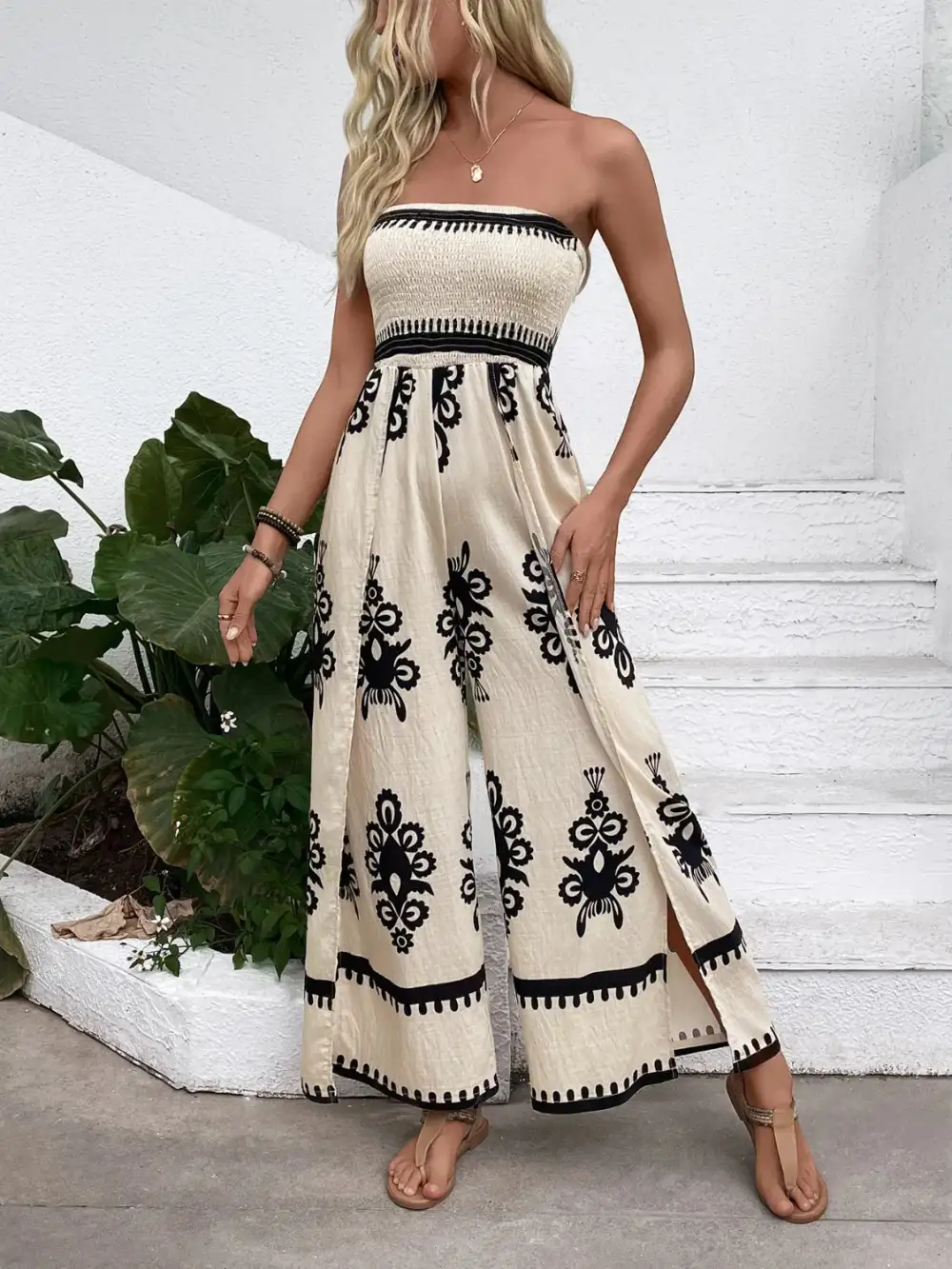 Smocked Printed Wide Leg Everyday Jumpsuit