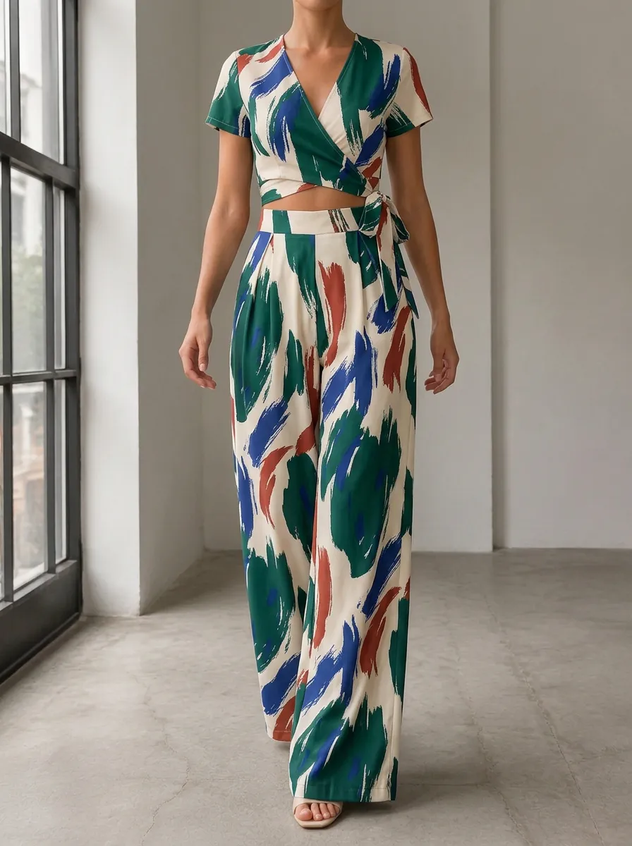 Women's Summer Casual Abstract Brushstroke Patterned Crop Wide Leg Pants Set
