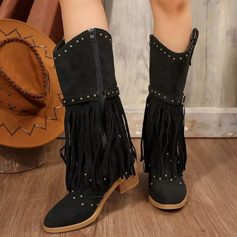 Casual Fringe Point Toe Block Heels Boots