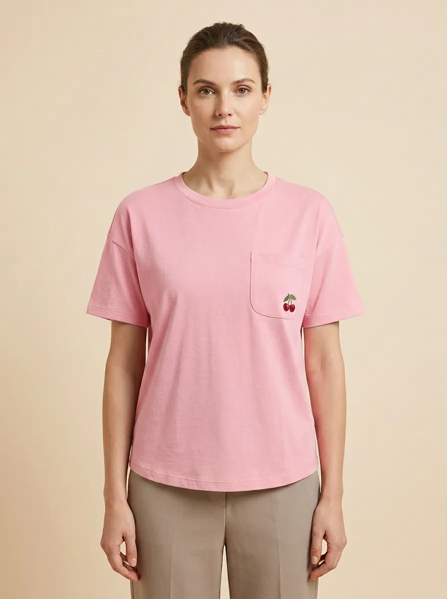 Women's Cherry Relaxed Embroidered Pocket Crewneck T-Shirt