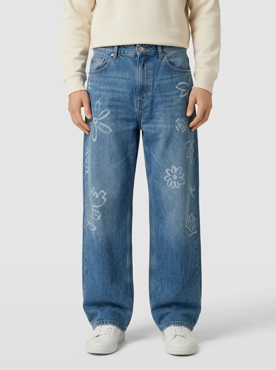 Men's Casual Fashion Floral Doodle Printed Wide Leg Jeans