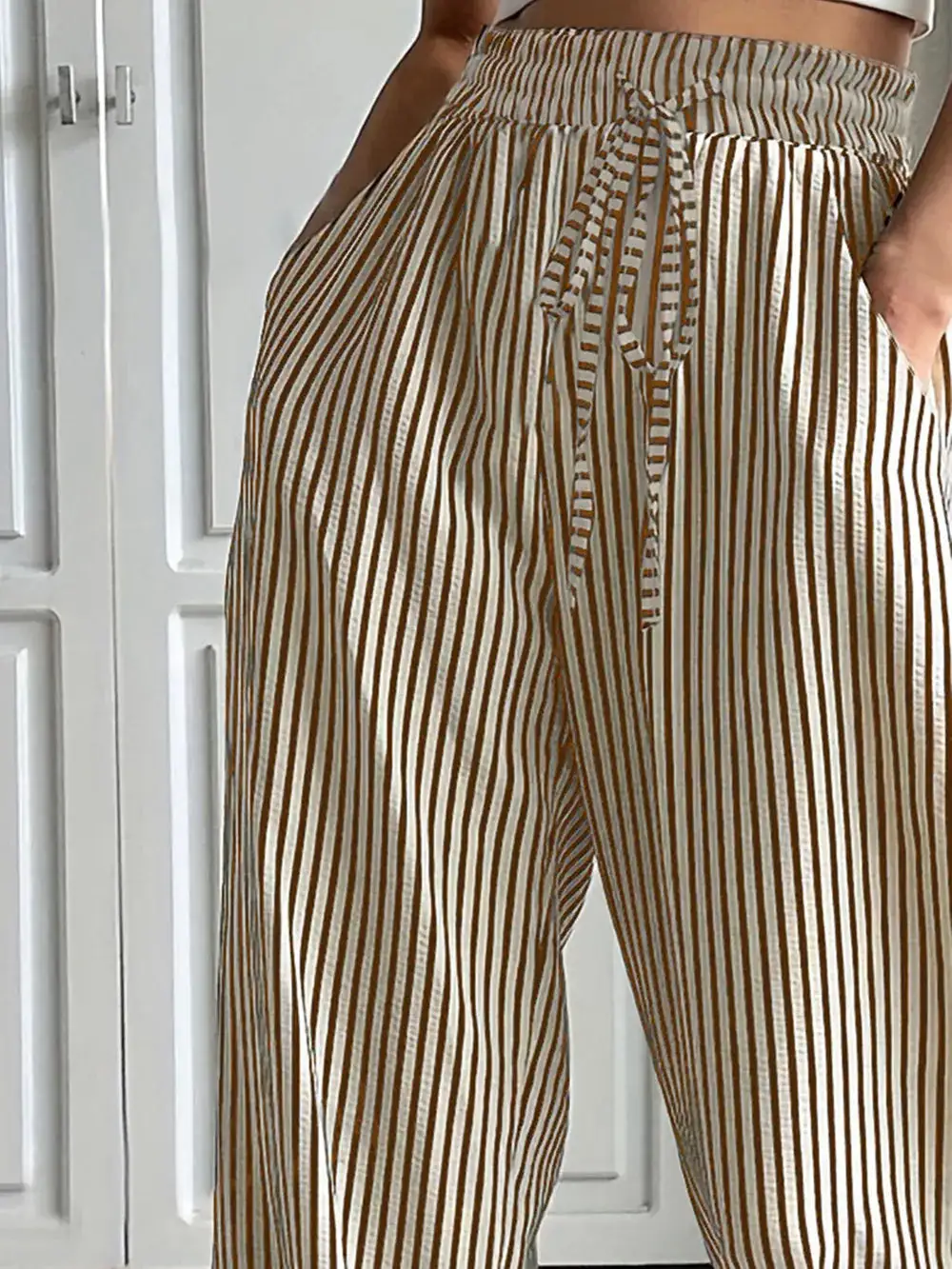 Drawstring Elastic Waist Striped Pocketed Pants