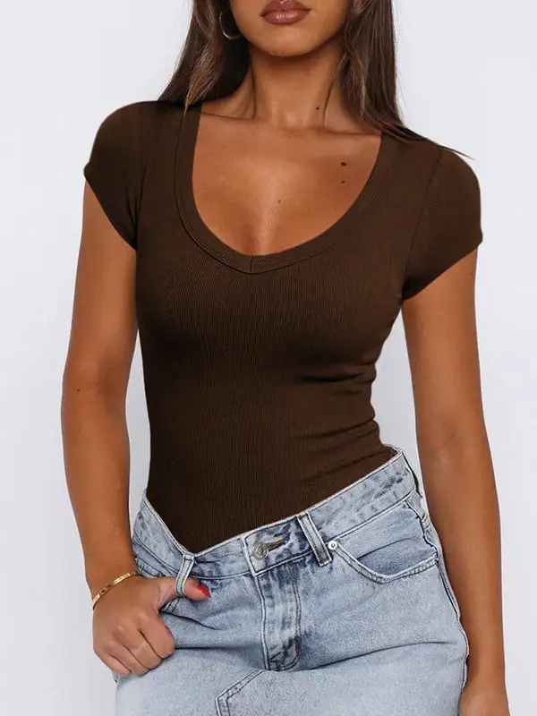 Short Sleeve Slim Fit Panel Detail U-Neck T-Shirt