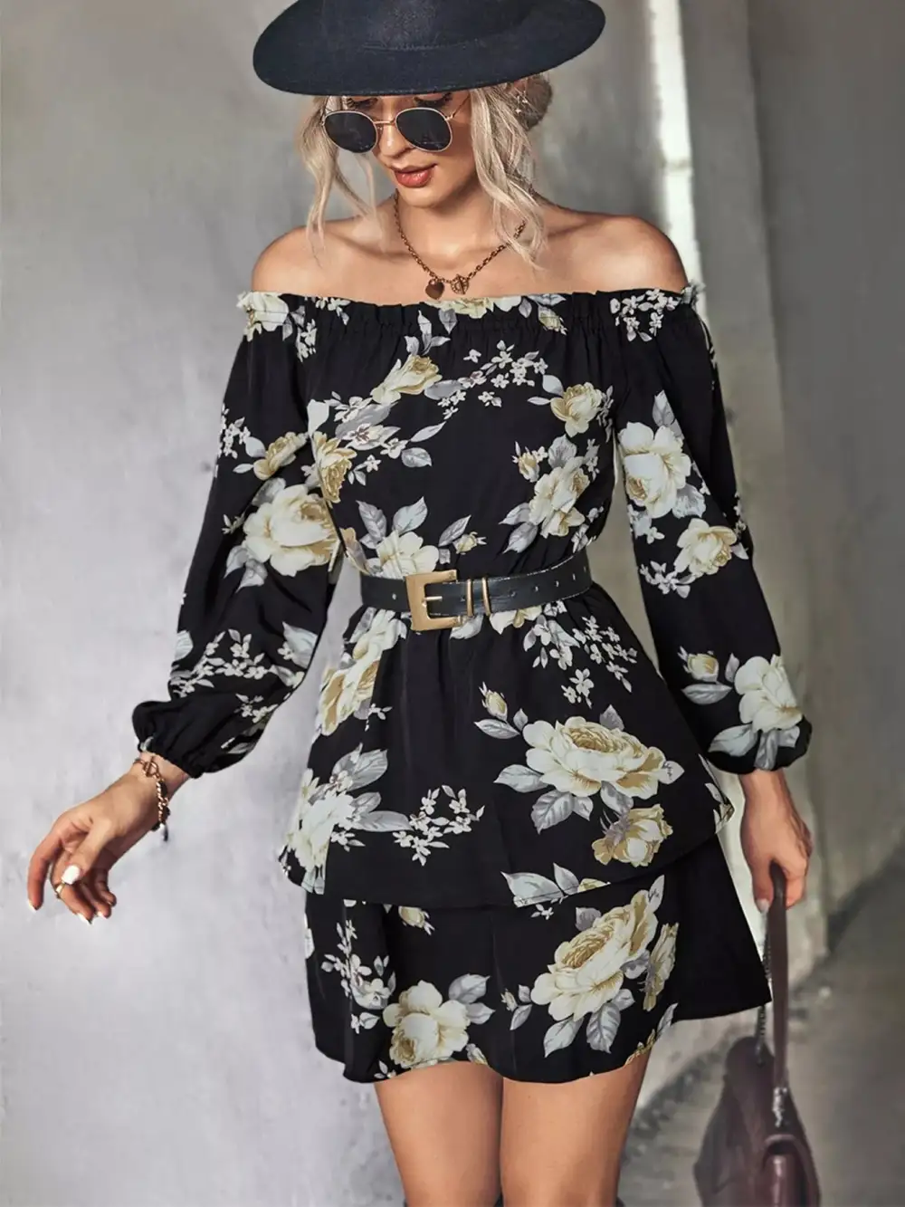Relaxed Shape Floral Printed Long Sleeve Mini Dress