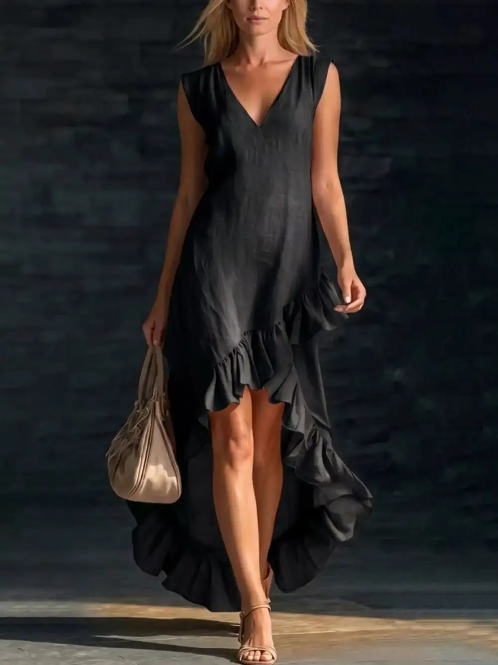 V-Neck Ruffle Hem High-Low Dress