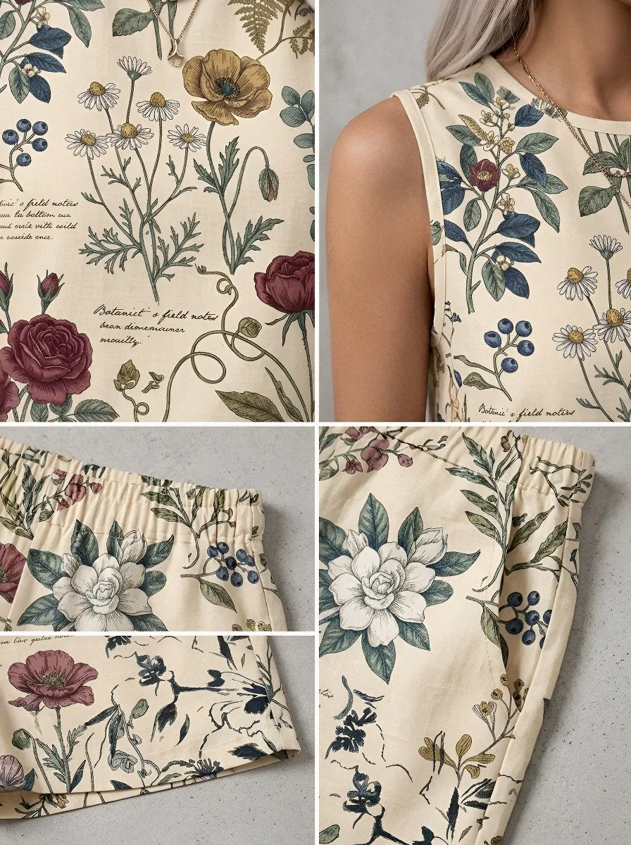 Women's Botanical Garden Floral Script Printed Sleeveless Set