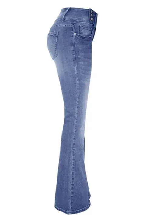 Vintage Button Side Design Mid Waist Flare Jeans