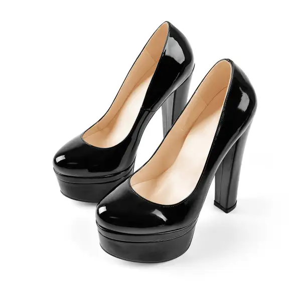 Modern Patent Finish Pointed Toe Platform Chunky Heel Pumps