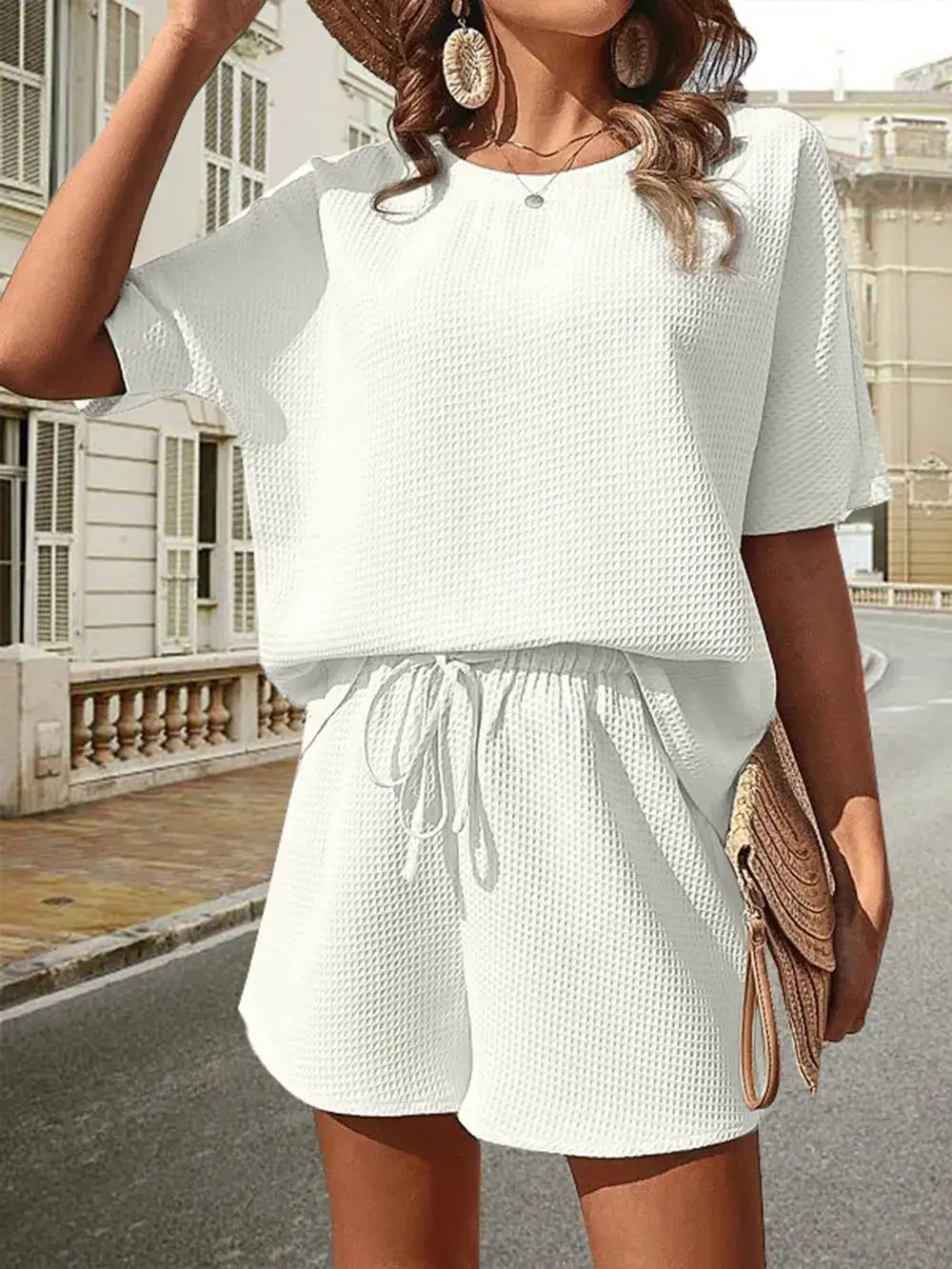 Waffle Knit Half Sleeve Top and Shorts Set