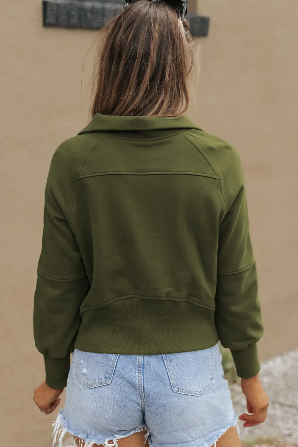Zip Up Stand Collar Ribbed Thumbhole Sleeve Sweatshirt