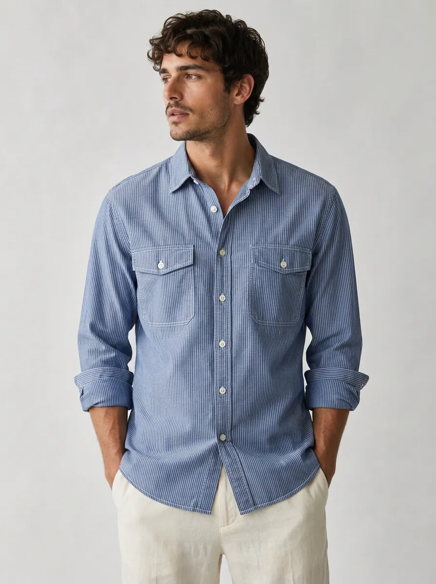 Men's Casual Breathable Blue Striped Double Pocket Button-Down Shirt