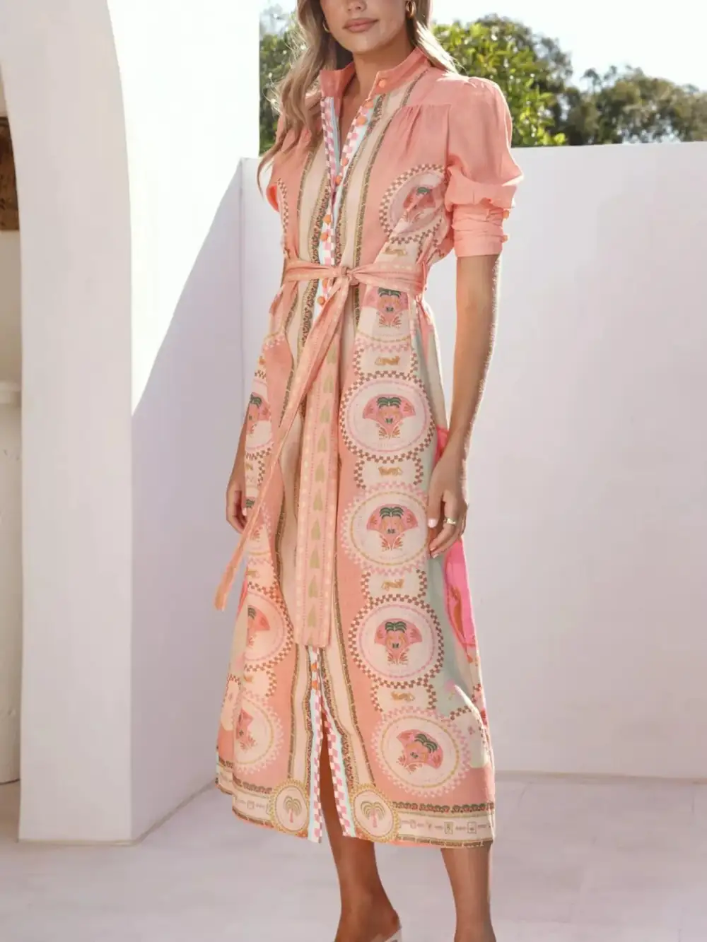 Printed Tie Waist Puff Sleeve Midi Dress