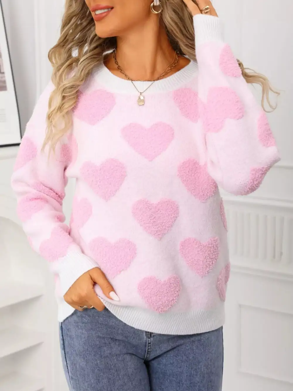 Textured Valentine's Day Heart Pattern Round Neck Sweater