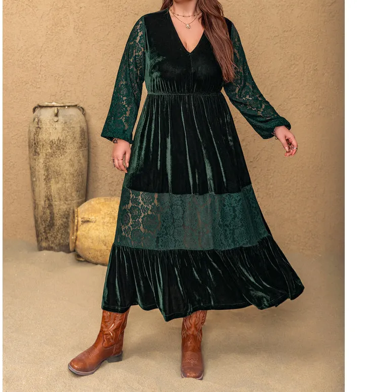Plus Size Lace Patchwork V-Neck Balloon Sleeve Midi Dress