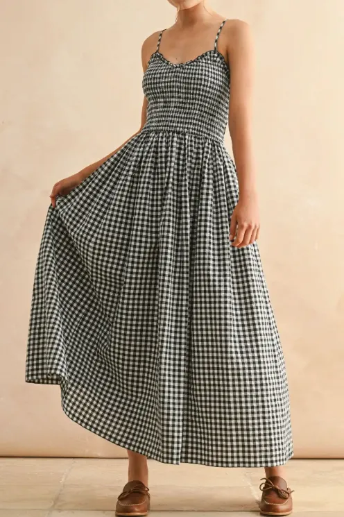 Black White Gingham Tiered Midi Dress