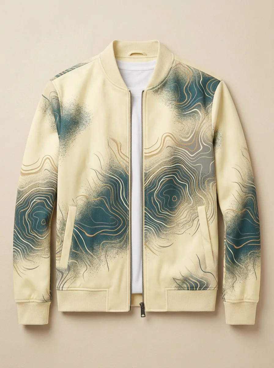 Topographic Print Sleeve Detail Bomber Jacket