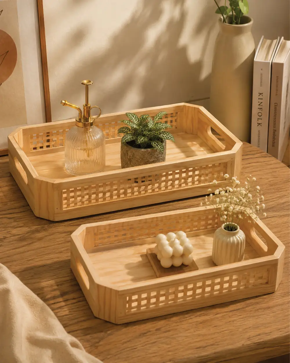 Wooden Rattan Tray Set