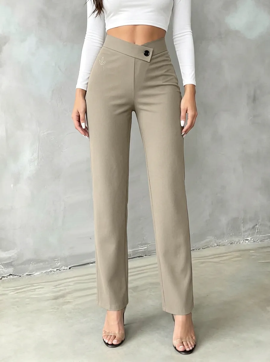 Women's Versatile Weekend Leaf Embroidered Mid Rise Straight Leg Pants
