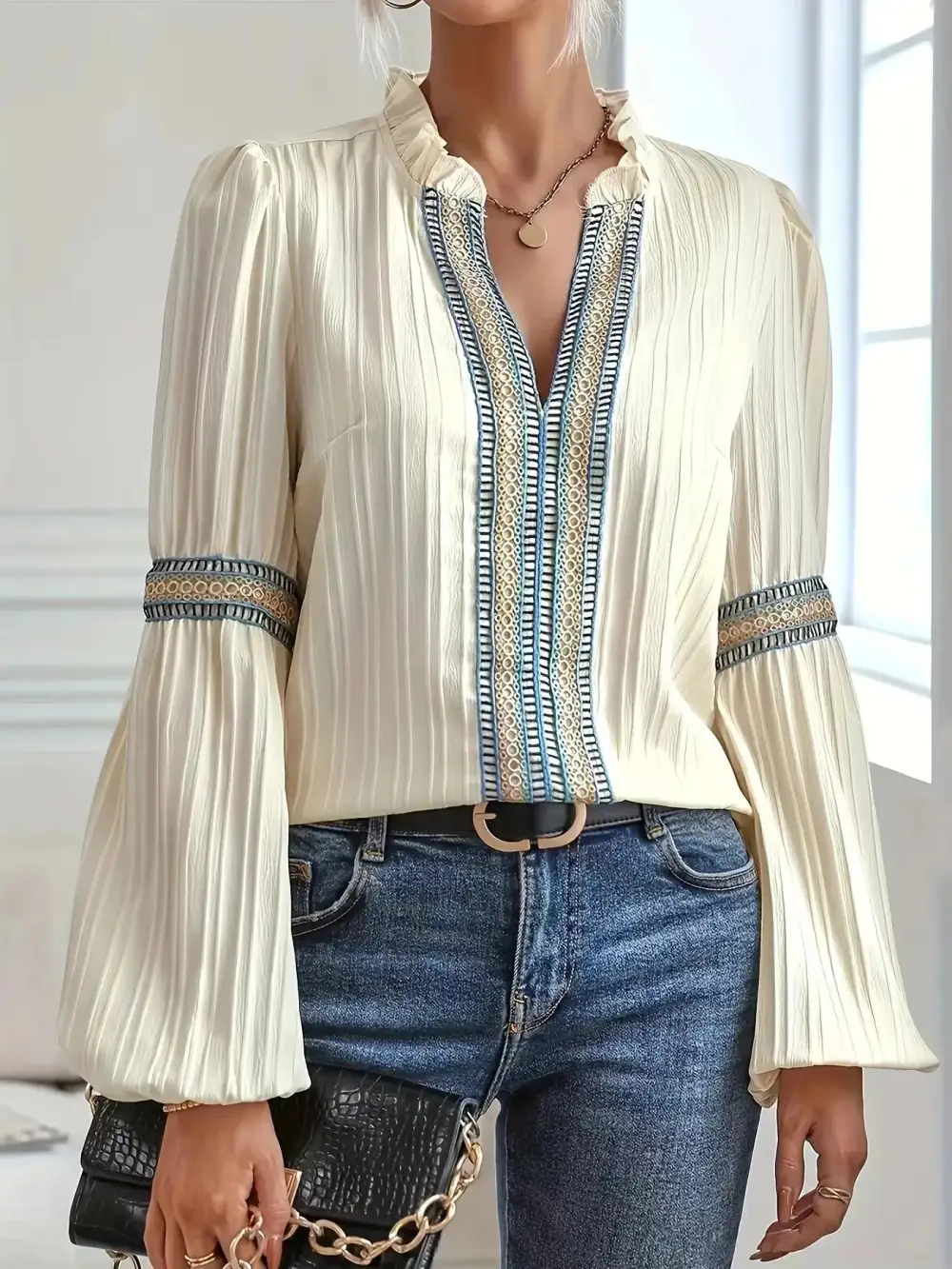 Refined Notched-Neck Balloon-Sleeve Blouse