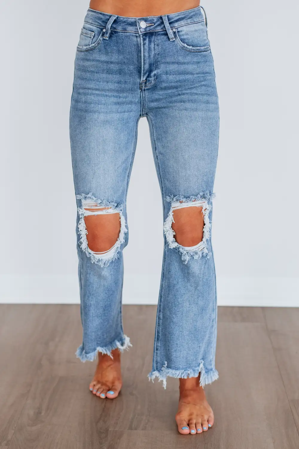 Women's High Rise Frayed Hem Stretch Denim Jeans