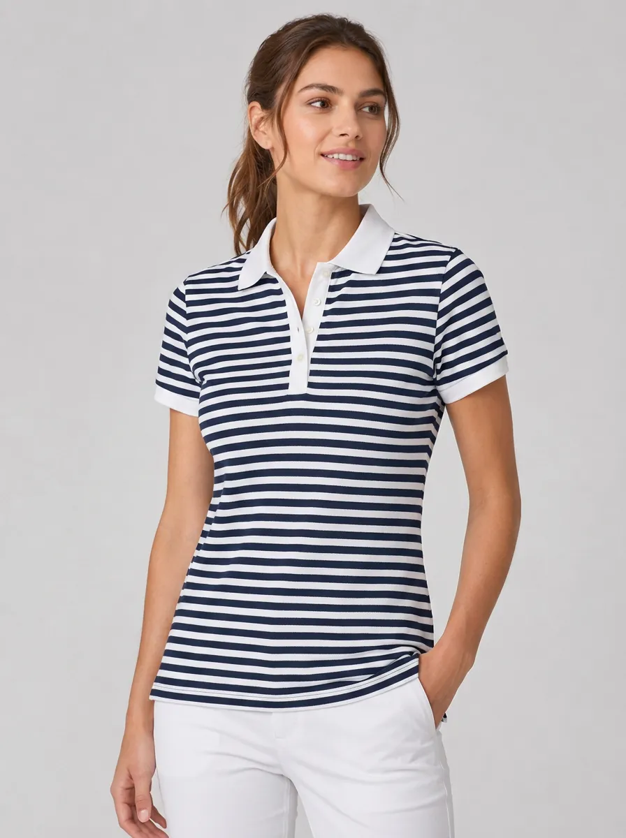 Women's Equestrian Lover Navy Striped Printed and Striped Short-Sleeve Polo Shirt