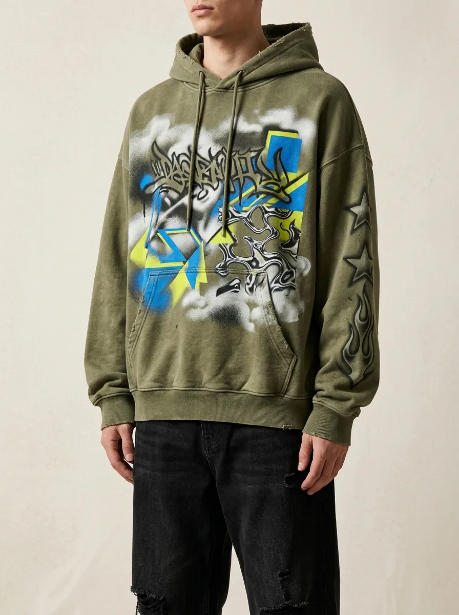 Unisex Streetwear Graffiti Star Flame Graphic Hoodie