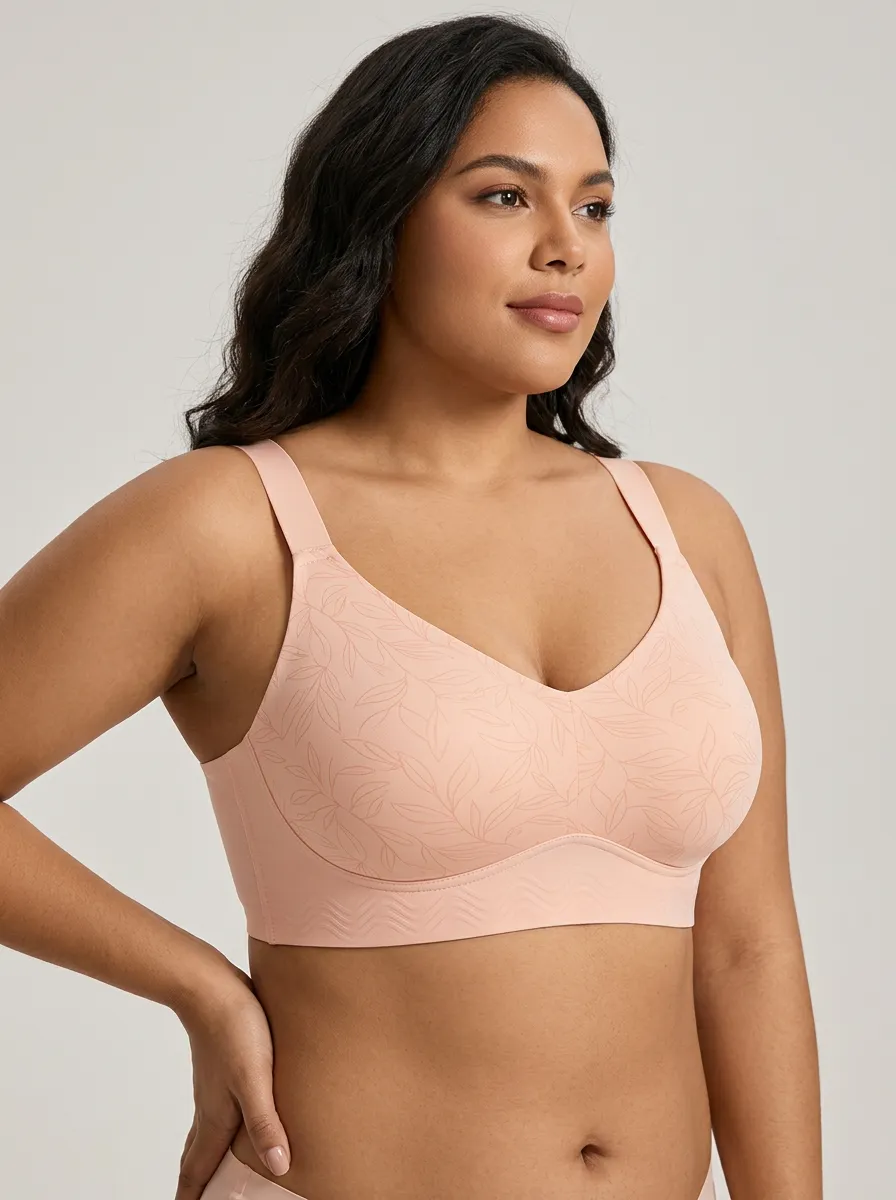 Women's Plus Size Peach Leaf Full-Coverage V-Neck Wireless Bra