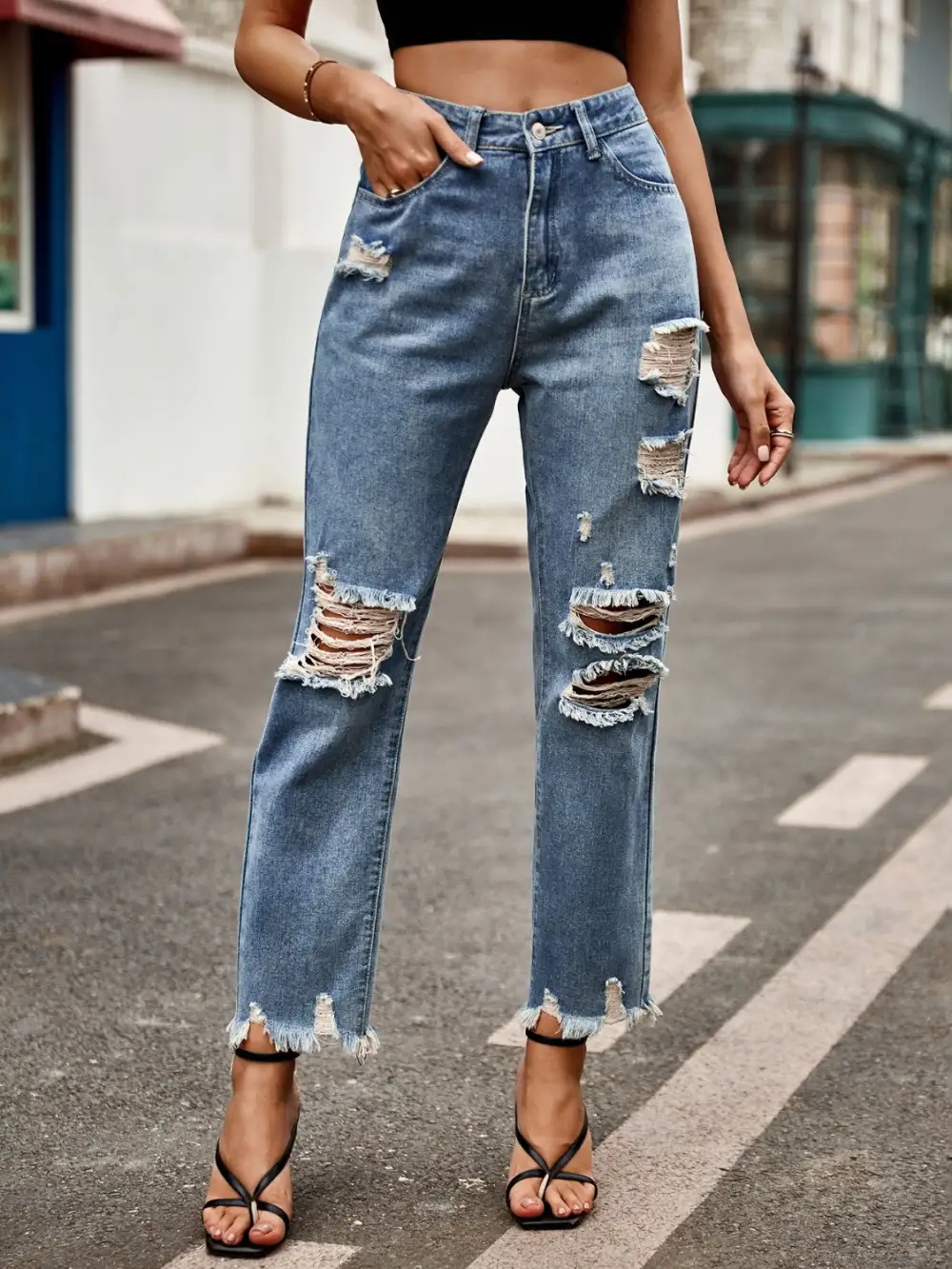 Distressed Raw Hem Pocket Denim Jeans