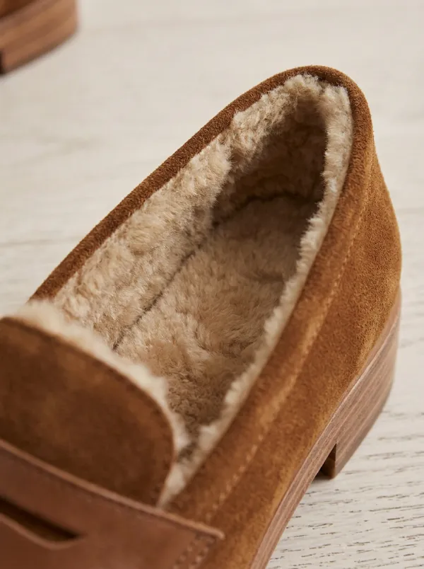 Women's Weekend Faux Fur Lined Winter Suede Wood Sole Loafers