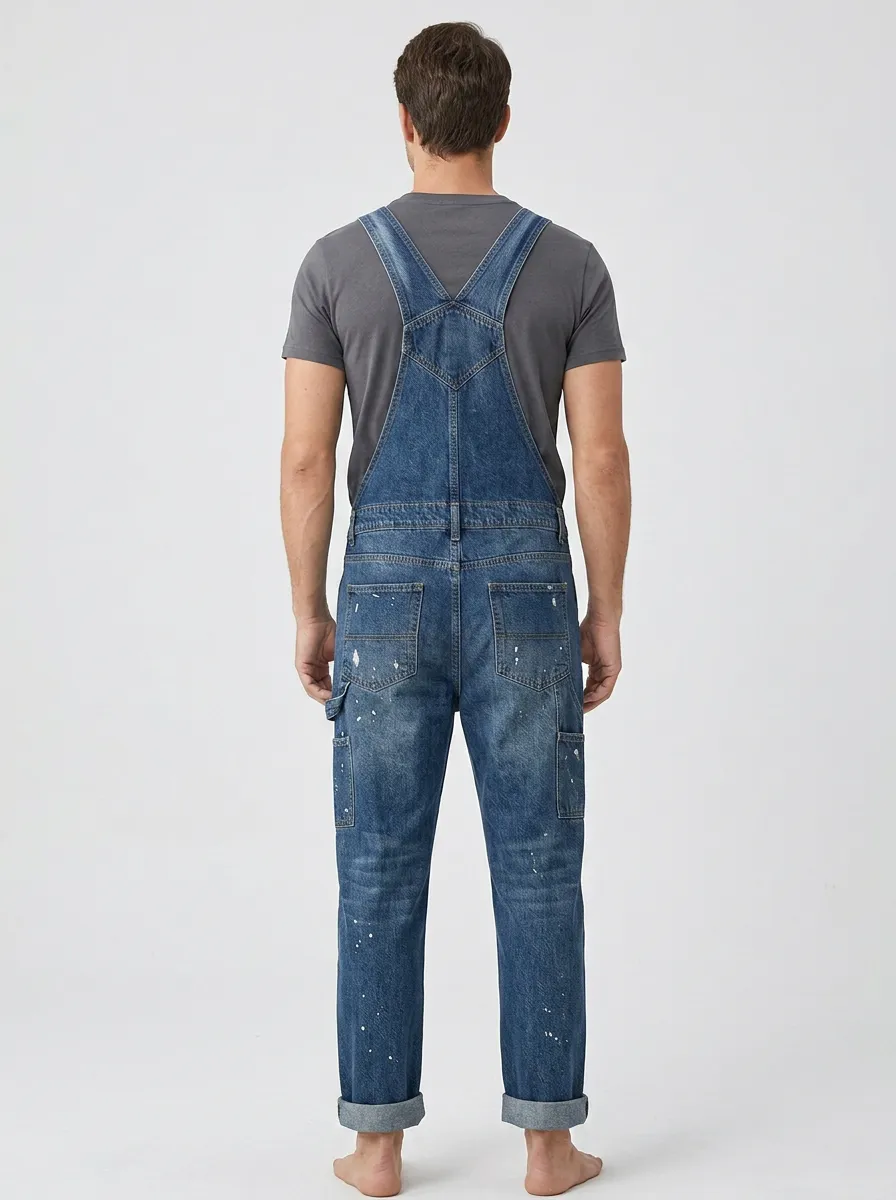 Men's Distressed Vintage-Inspired Paint-Splatter Denim Bib Overalls