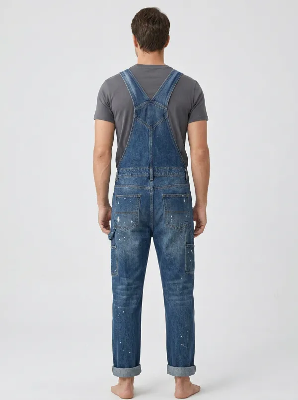 Men's Distressed Vintage-Inspired Paint-Splatter Denim Bib Overalls