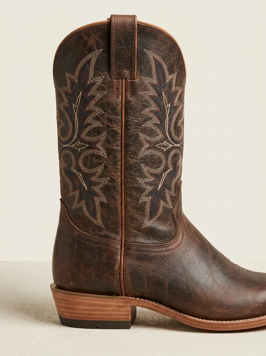 Men's Western Cowboy Distressed Leather Embroidered Printed Boots