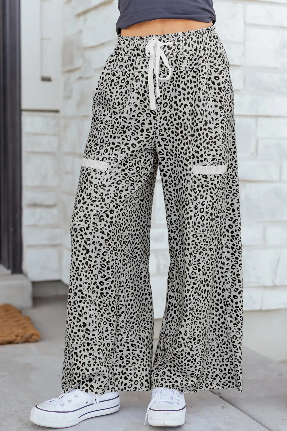 Classic Animal Print Wide Leg Terry Knit Trousers
