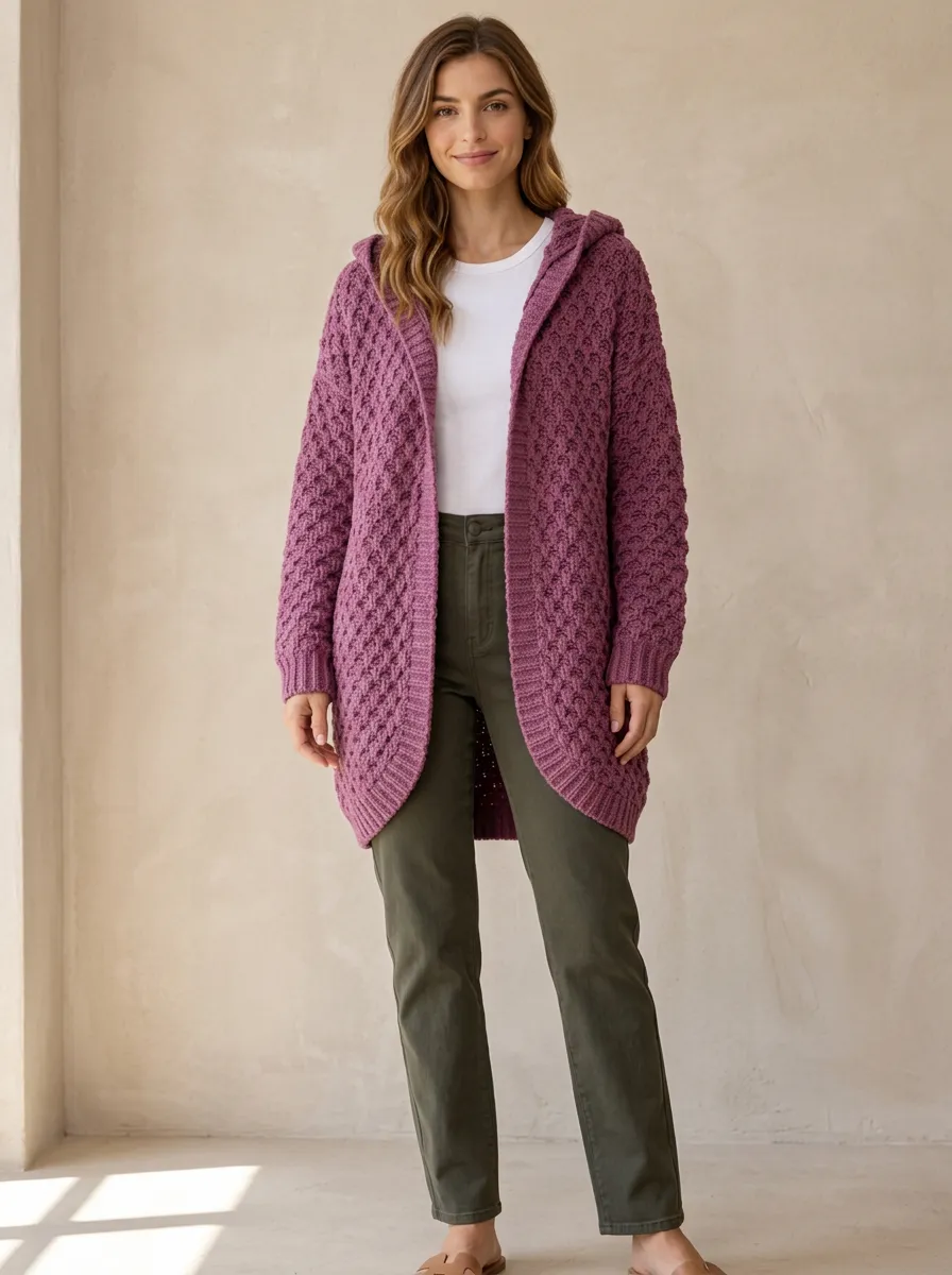 Women's Olive Ribbed-Knit Open-Front Hooded Cardigan