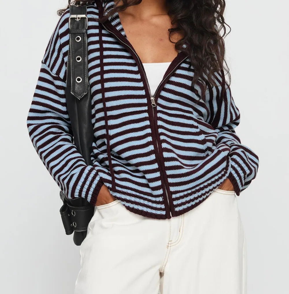 Burgundy and Blue Striped Hooded Zip-Up Jacket