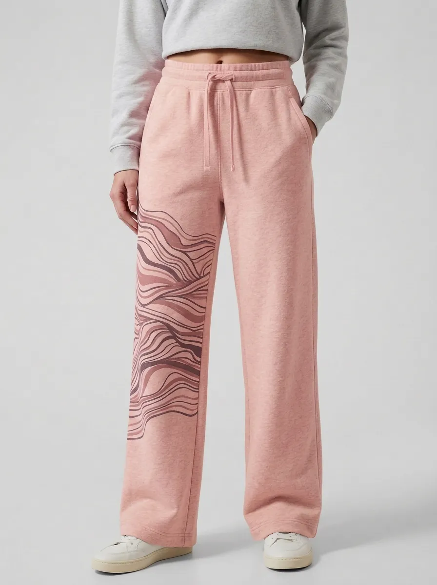 Women's Beige Elastic Waist Abstract Wave Print Wide-Leg Sweatpants