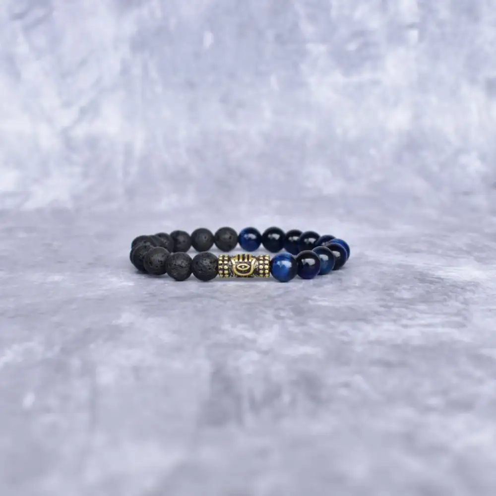 Hamsa Tiger Eye Lava Bead Bracelet