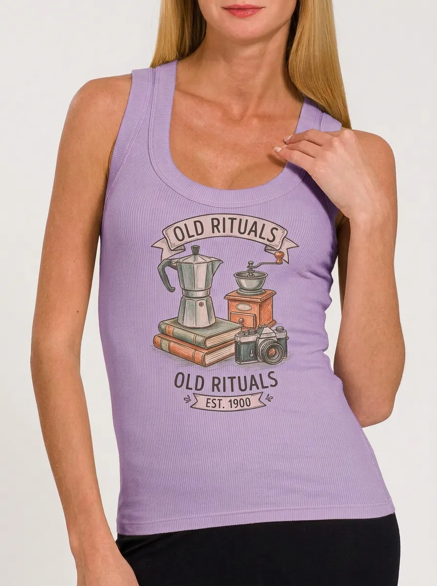 Women's Coffee Lover Old Rituals Moka Pot Camera Printed Tank Top