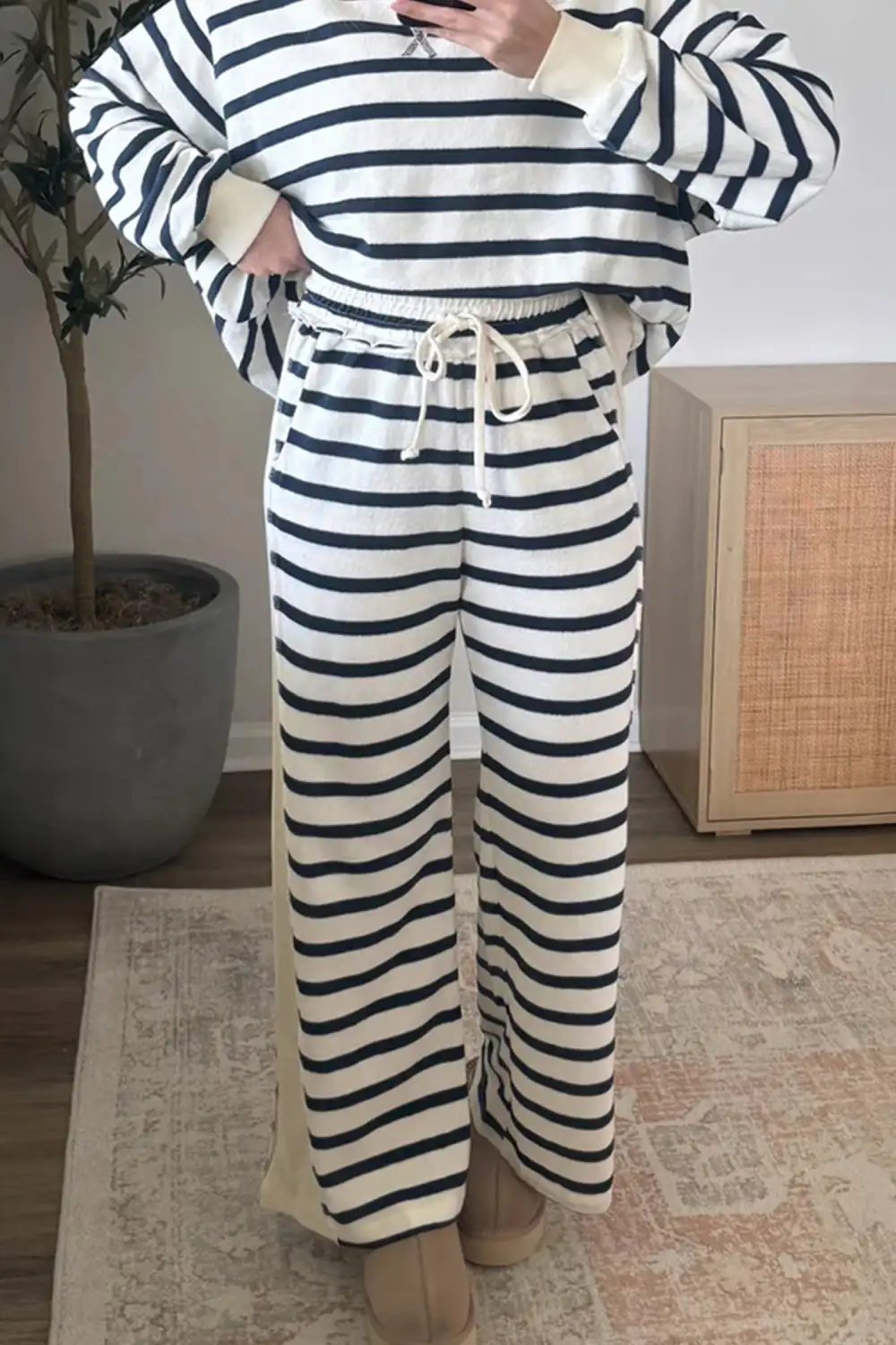 Women's Striped Ribbed Cuff Collar Pocket Loose Pant Set