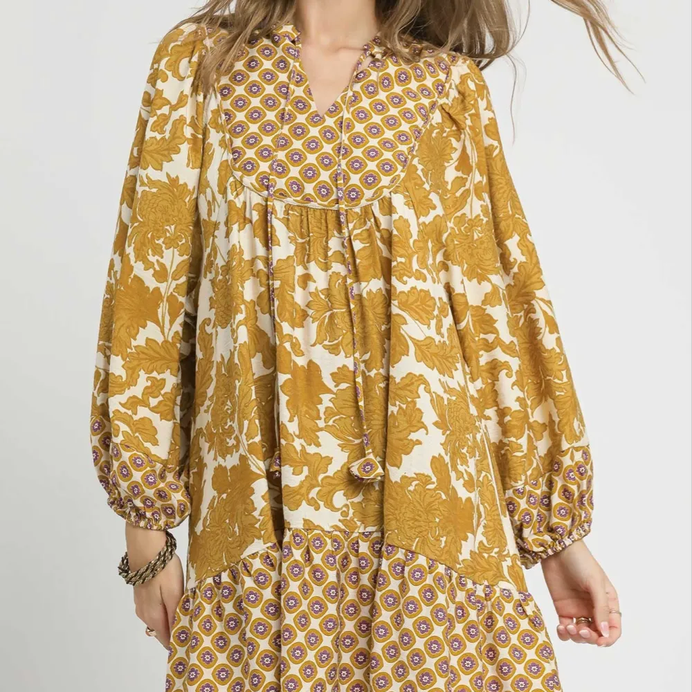 Floral Tiered Ruffle Detail Balloon Sleeve Dress