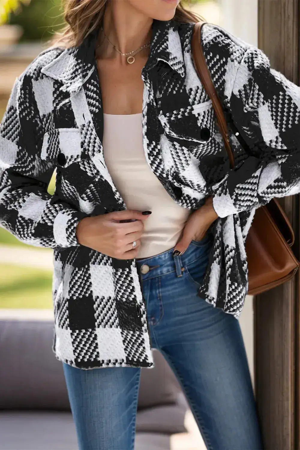 Relaxed Plaid Button Front Pocketed Casual Jacket