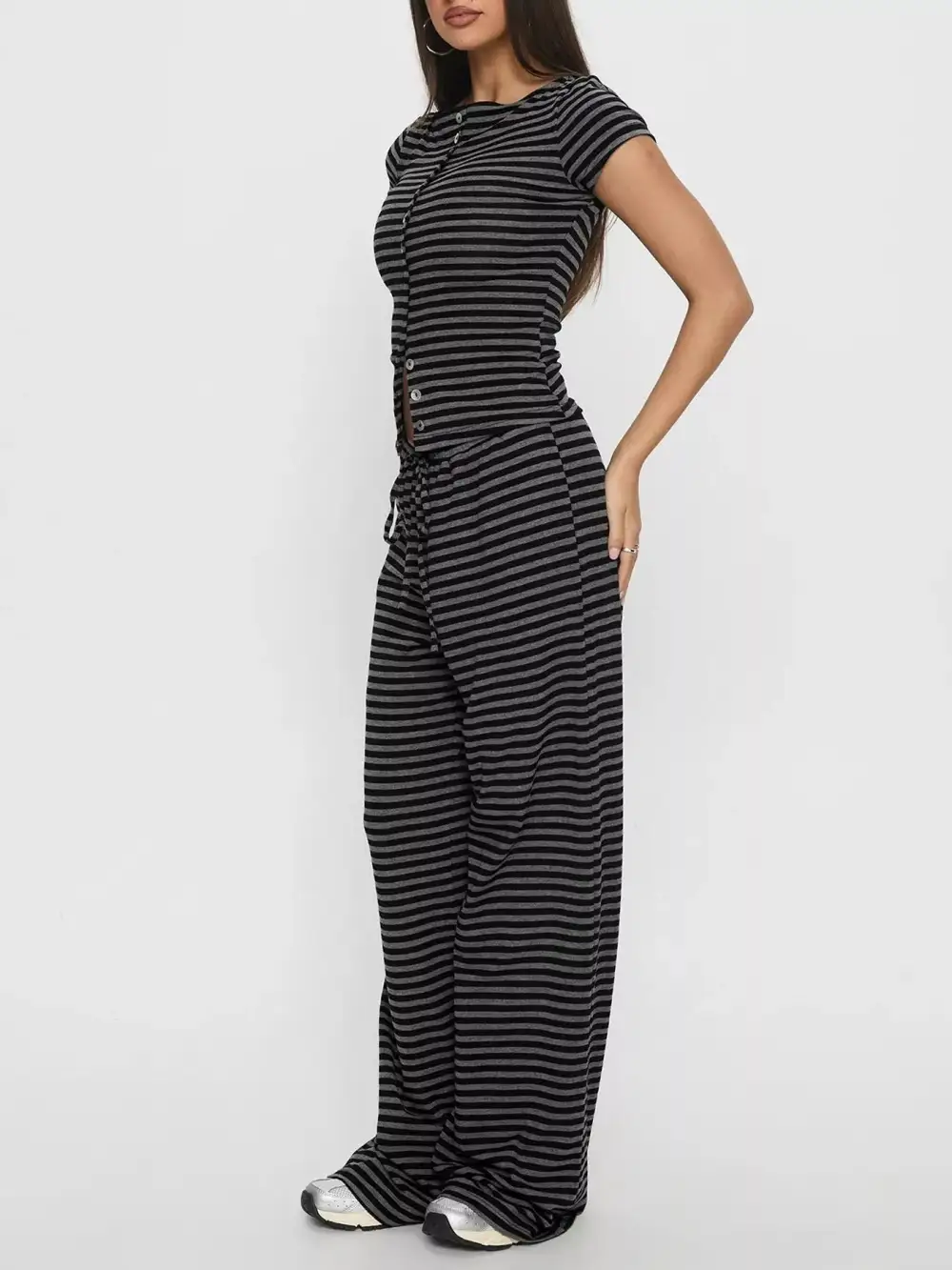 Striped Button Down Top and Wide Leg Pants Set