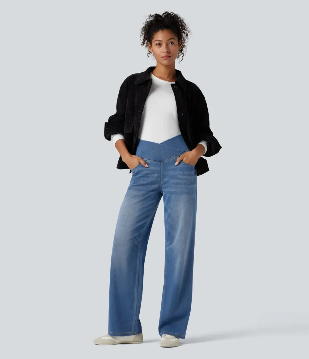 High-waisted, relaxed, crossover straight-leg jeans with  pockets
