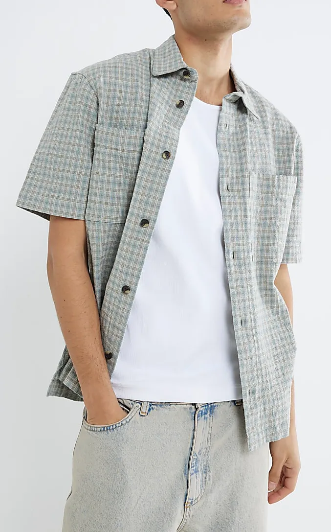 Men's Blue Regular Fit Check Short Sleeve Shirt