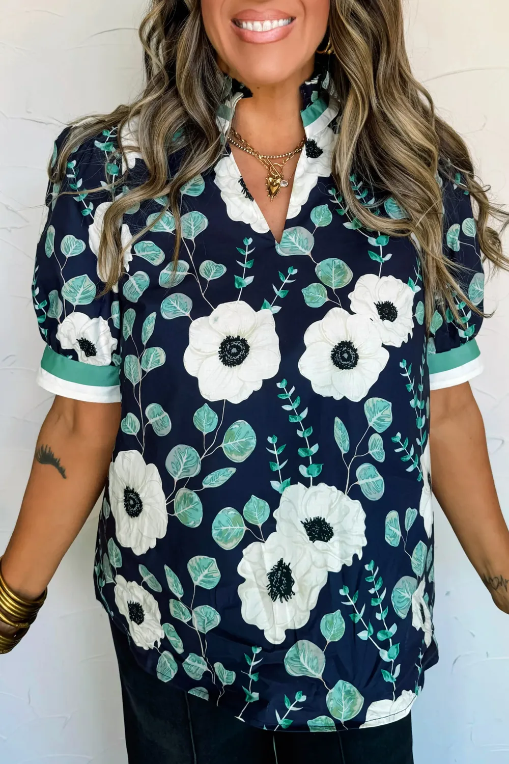 Blue Floral Print Striped Patchwork Blouse