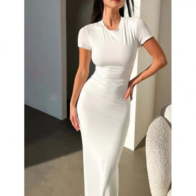 Solid Color Fitted Short Sleeve Women's Casual Dress