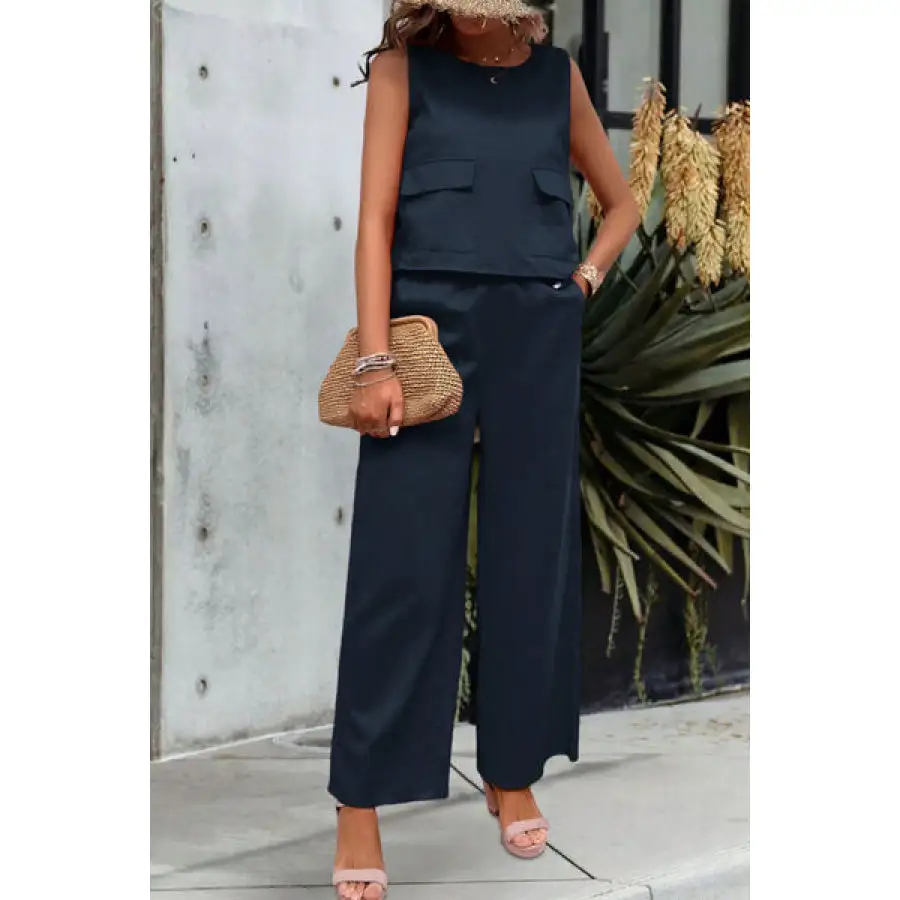 Round Neck Tank and Wide Leg Pants Set