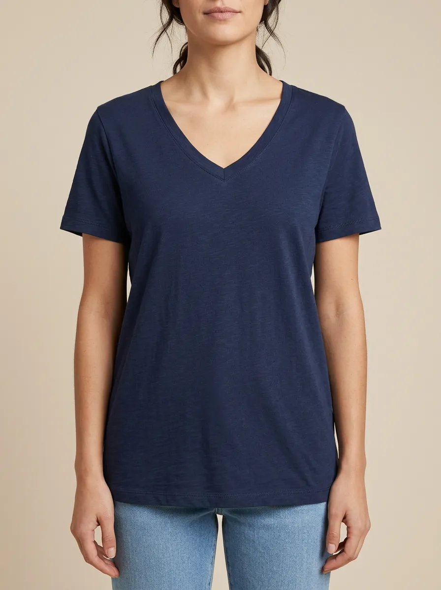 Women's Ribbed-Neck Regular-Fit V-Neck T-Shirt